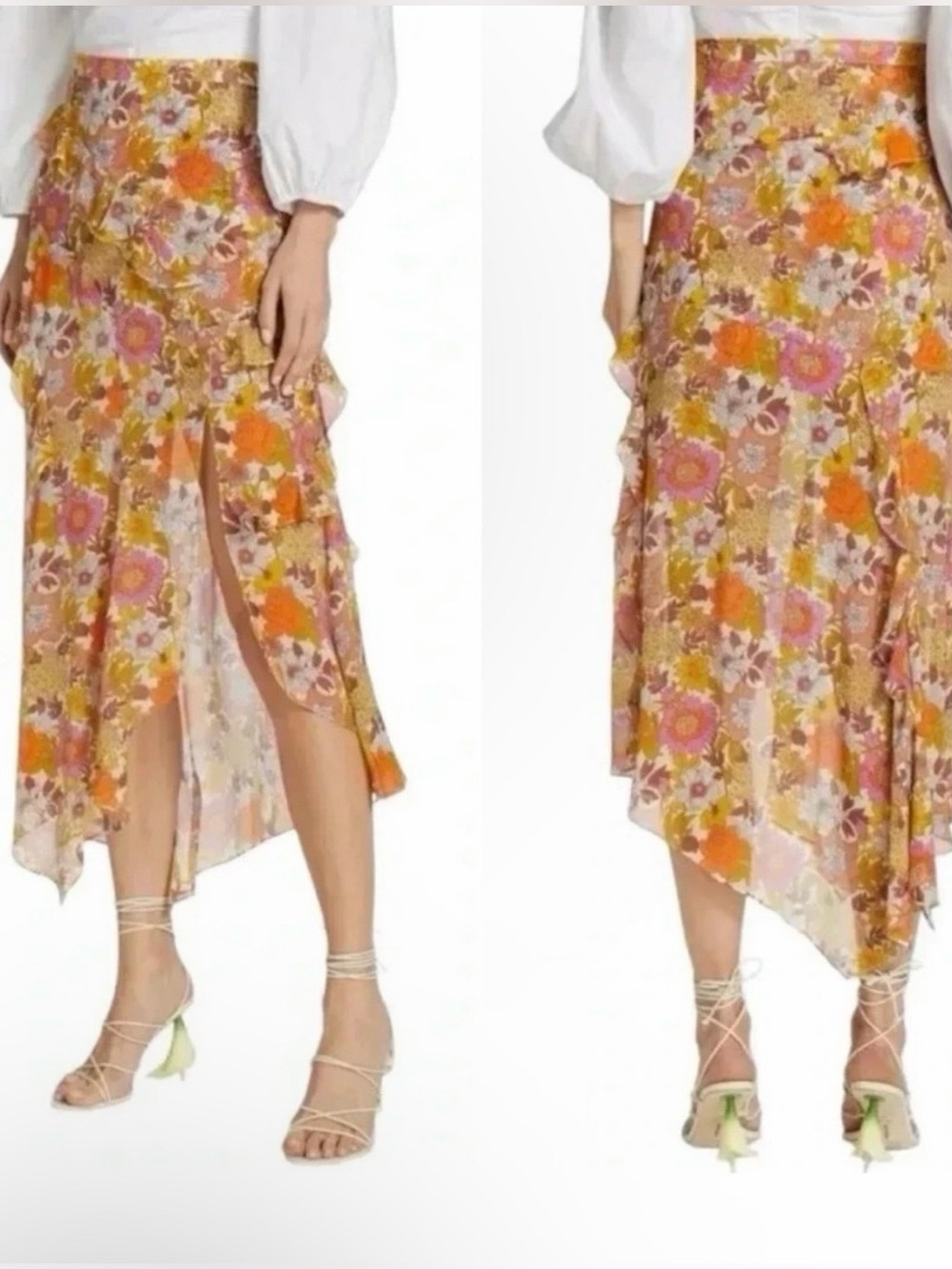 Veronica Beard 100% Silk Floral Ruffle Maxi Skirt - Orange, Pink & Yellow Size 6 - Picture 2 of 10